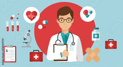 Professional doctor in a white coat surrounded by medical icons, symbolizing healthcare, research, and patient care in a modern clinic.