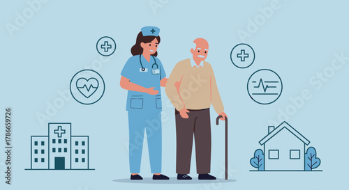 A compassionate nurse assists an elderly man with a cane, showcasing healthcare and support in a vector illustration against a soft blue background.