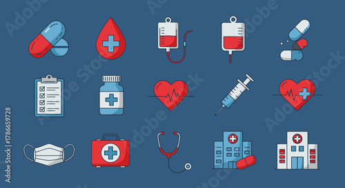 A collection of medical icons including pills, blood drop, IV bags, syringe, heart monitor, first aid kit, stethoscope, and hospital building, presented in a clean vector graphic style.