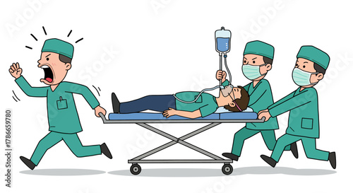A team of medical professionals urgently transports a patient on a stretcher during a critical hospital emergency, depicted in a clear vector illustration.