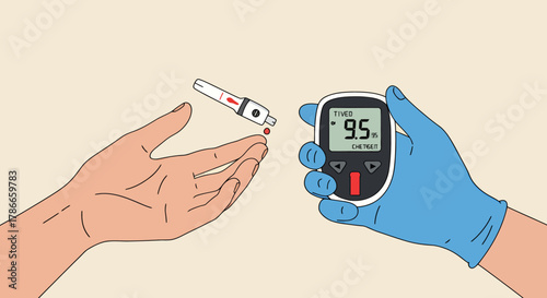 A vector illustration depicts a person checking blood sugar levels with a glucometer, showcasing modern medical technology and healthcare management in a clean, flat design.