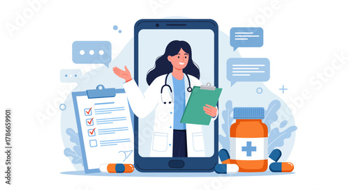 A smiling female doctor delivers online medical consultation and digital healthcare through a smartphone application, with medicine bottles and pills nearby.