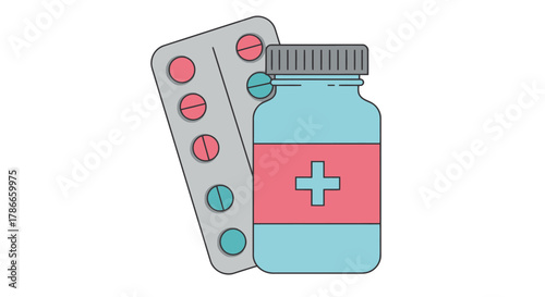 A stylized vector illustration featuring a blue medical bottle with a pink label and a plus sign, alongside a blister pack of pills, on a white background.