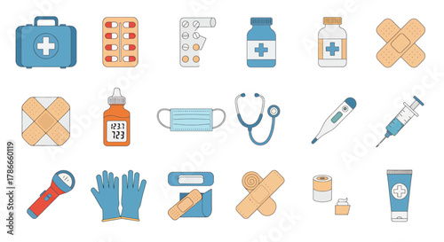 A comprehensive collection of essential medical supplies and first aid items, rendered as clean vector illustrations for healthcare and emergency concepts.
