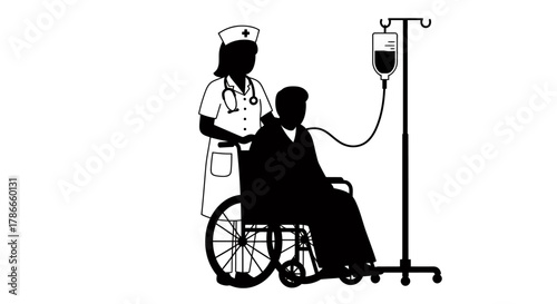 A vector illustration depicts a nurse assisting a patient in a wheelchair with an IV drip, representing healthcare and medical support in a clinical setting.