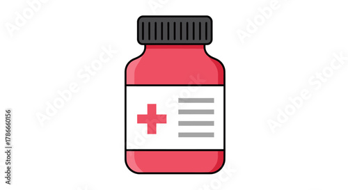 A clean vector illustration shows a red medicine bottle with a black cap and medical cross label, isolated on a white background, symbolizing health and pharmacy.
