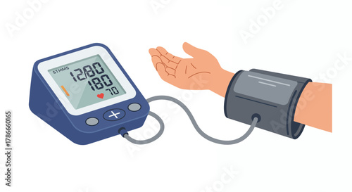 A digital blood pressure monitor measures a person's vital signs, displaying systolic and diastolic readings with a graphic illustration of the arm and cuff on a white background.