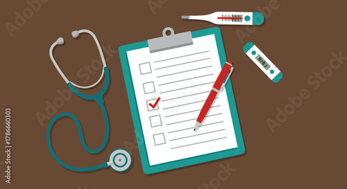 An organized flat lay vector illustration featuring essential medical tools like a stethoscope, checklist, pen, and thermometers on a clean brown background.