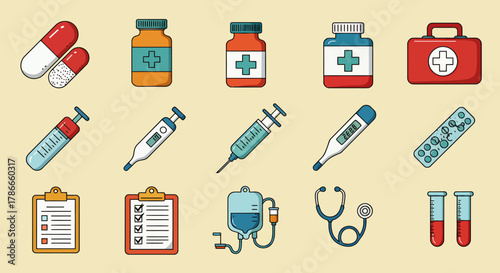 A comprehensive collection of essential medical tools and healthcare equipment rendered in a clean, modern flat vector style on a light background.