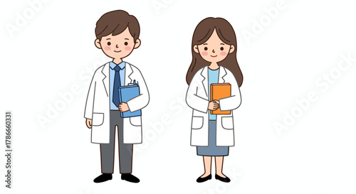 Two friendly cartoon doctors in white lab coats stand holding clipboards, representing healthcare professionals and medical care.