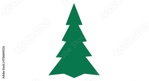 A simplified, modern, vector graphic illustration of a dark green pine tree, presented against a stark white background, ideal for nature or holiday themes
