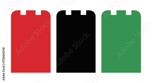 Bold graphic representation of three stylized castle battlements in striking red, black, and green hues, symbolizing unity and strength with cultural significance