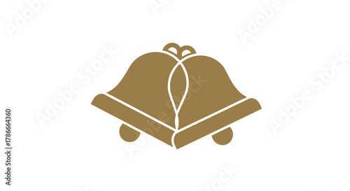 Two golden bells tied with a ribbon, a classic symbol of wedding celebration and festive cheer. Minimalist vector graphic icon isolated on a white background for easy use in designs