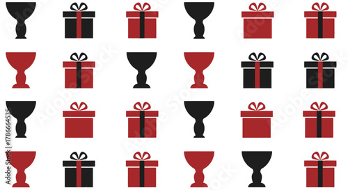 Festive seamless pattern background with red and black gift boxes and wine glasses, a vector illustration for holiday celebrations and party designs