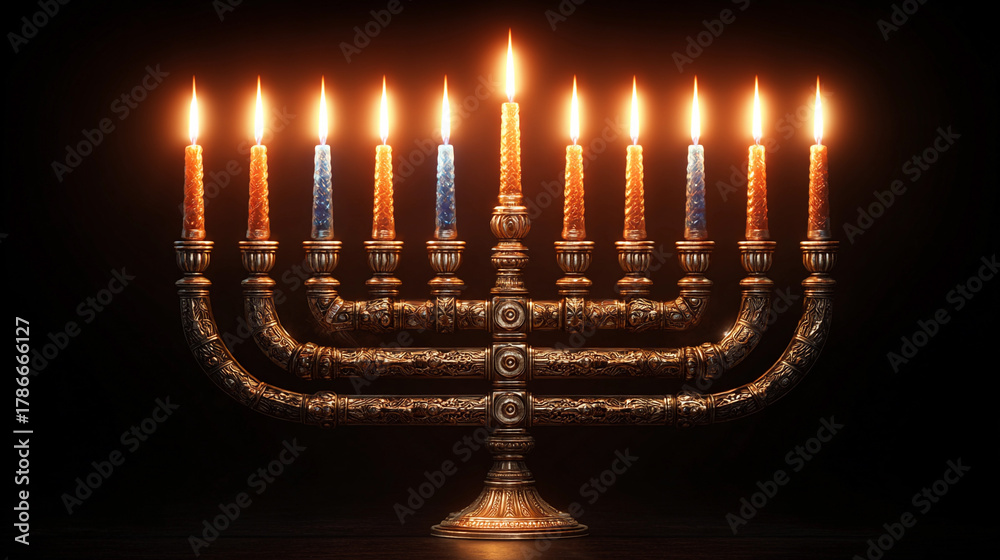 Fototapeta premium Beautiful menorah with burning candles during Hanukkah celebration