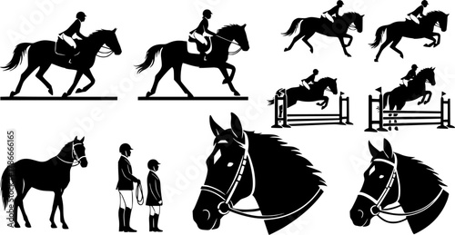 Equestrian silhouette, Horse riding silhouette, Equestrian, Horse riding, Equestrian sports silhouette, Equestrian clipart, Equestrian horse jumping silhouette set