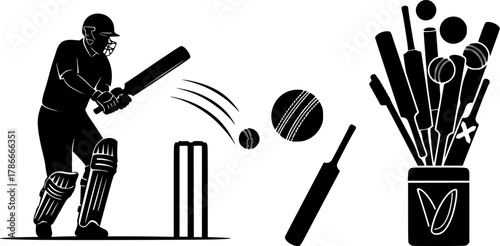 Cricket silhouette, Cricket bat, ball, stump player silhouette, Cricket silhouette bundle, Cricket, Cricket sports equipment silhouette set