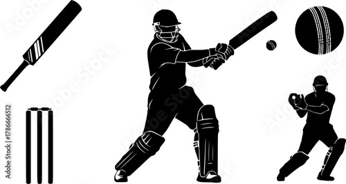 Cricket silhouette, Cricket bat, ball, stump player silhouette, Cricket silhouette bundle, Cricket, Cricket sports equipment silhouette set