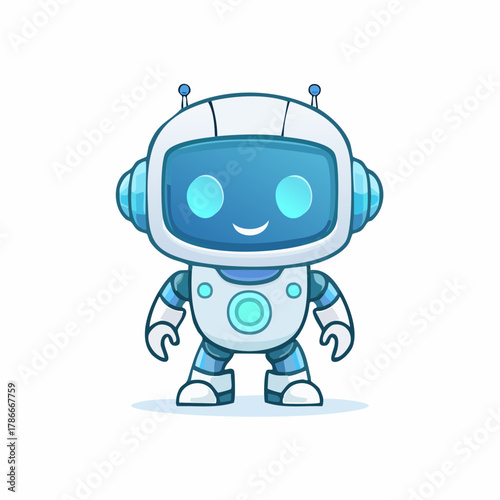 Cute Robot Character, a Friendly Little AI Standing Upright with a Glowing Blue Screen Face, Symbolizing Future Technology and Innovation