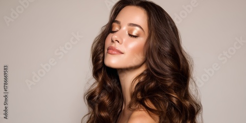 Captivating model poses gracefully with flowing hair and soft makeup in a minimalist studio setting