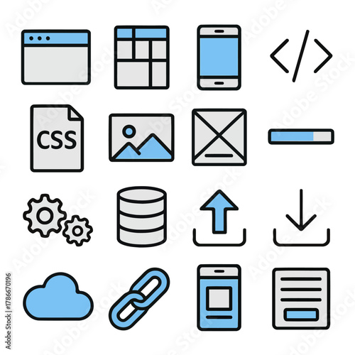 Digital Icons: An array of contemporary digital icons, presenting essential symbols for web design, programming, and data management.