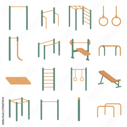 Gymnastic Equipment Variety: A diverse collection of outdoor fitness and gymnastic equipment, offering a visual array of training apparatus for various exercises.