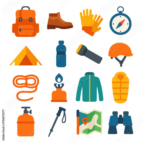 Adventure Gear Collection: A vibrant assortment of essential outdoor adventure equipment arranged to inspire the thrill of exploration and the call of the wild.