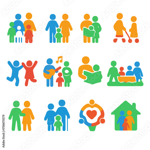 Family Icons: A collection of various colorful icon illustrations representing family life, including parents, children, and activities like reading, singing, and home