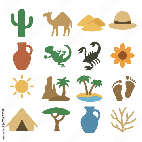 Desert Icons Collection: A vibrant compilation of desert-themed icons, depicting iconic elements of the arid landscape and its inhabitants, ideal for educational or illustrative purposes.