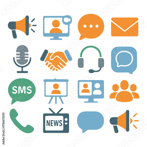 Iconic Communication Tools: A vibrant collection of digital icons representing a wide array of communication tools, ideal for illustrating modern connectivity, online interaction.
