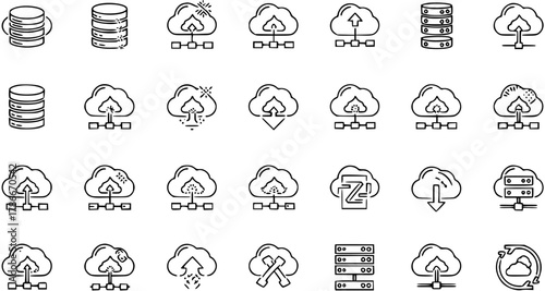 Cloud Computing Icons: Data Storage, UploadDownload, Network, Server, Backup  Sync - Vector Line Art