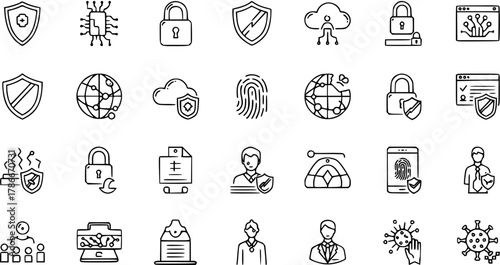 Security Icons: Collection of Line Art Symbols for Cybersecurity, Protection, and Privacy Concepts