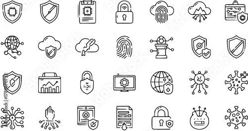 Set of Cyber Security Icons: Shield, Lock, Cloud, Fingerprint, Globe. Vector Outline Style. Digital Safety and Data Protection Elements.