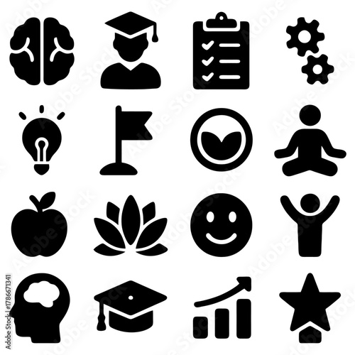 Intelligence and Wisdom Icons: A collection of meticulously crafted icons showcasing key concepts related to learning, intelligence, achievement, and well-being.