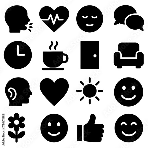 Iconic Elements of Life: A diverse array of simple black icons symbolizes essential aspects of everyday existence, representing communication, time, and emotion.
