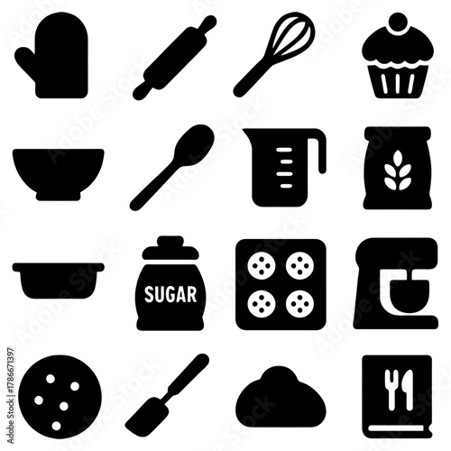Culinary Essentials: A graphic arrangement showcases various baking tools, from measuring cups to cupcake, forming a complete toolkit for kitchen. 