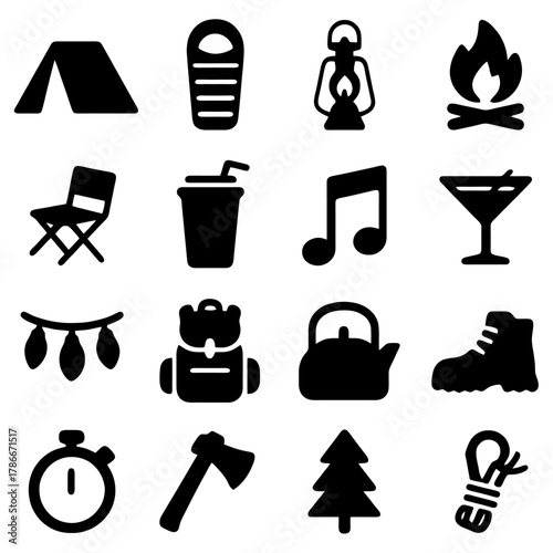 Camping Adventure Icons: A collection of simple icons representing essential camping elements, ideal for illustrating outdoor adventures, nature exploration, and recreational activities.