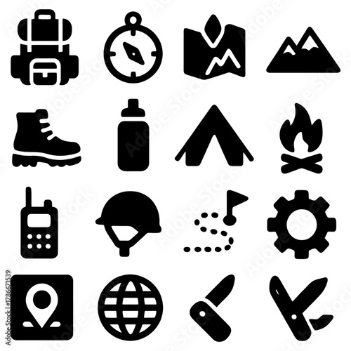 Embark on Adventure: Collection of outdoor icons, representing exploration and discovery. A compass points the way to uncharted territories, adventure awaits, and embrace the thrill of the open trail.