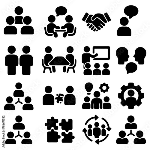 Icons of Collaboration: A collection of concise icons depicting teamwork, communication, and synergy, perfect for business and project-related visual assets. 