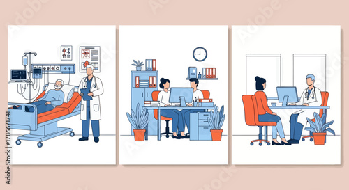 Medical Consultation concept, Practitioner doctor man, Family therapist. Medical Consultation set flat vector modern illustration