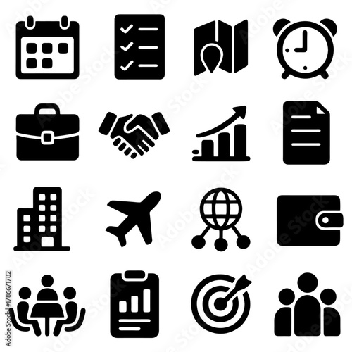 Business Icon Set: A comprehensive collection of business-related icons arranged in a grid, ideal for representing concepts like time, planning, and global reach. 