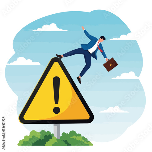 Business risk or problem warning concept. Businessman Slipping on a Warning Sign in a Risky Scenario