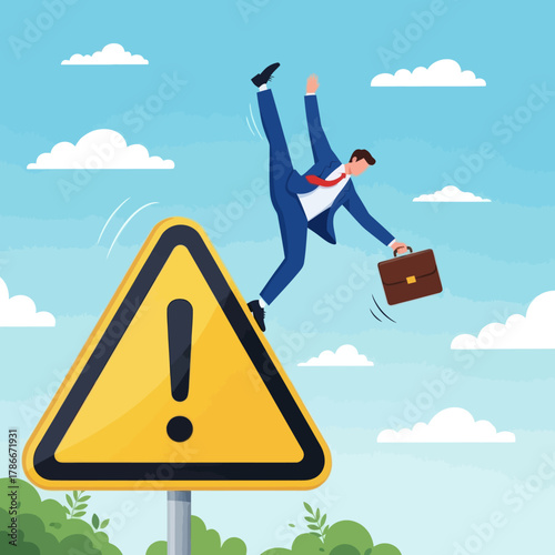 Business risk or problem warning concept. Businessman Slipping on a Warning Sign in a Risky Scenario