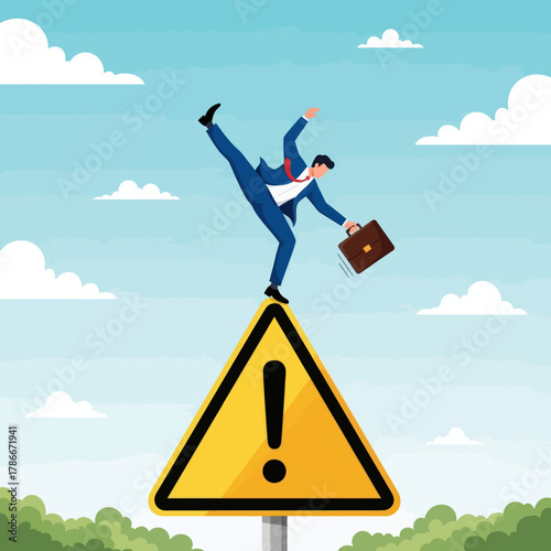 Business risk or problem warning concept. Businessman Slipping on a Warning Sign in a Risky Scenario