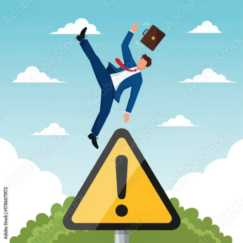 Business risk or problem warning concept. Businessman Slipping on a Warning Sign in a Risky Scenario