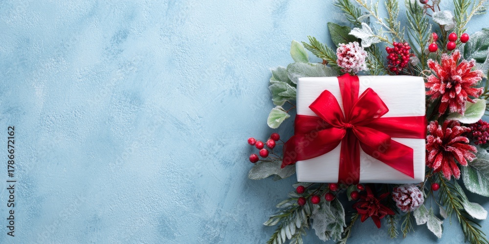 Fototapeta premium Creative holiday gift arrangement featuring a white box with red ribbon and seasonal greenery on a blue background