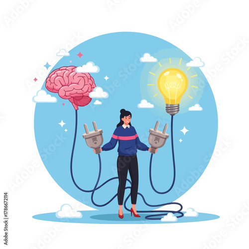 Connecting new idea or innovation concept. Woman connect plug with light bulb idea to human brain.