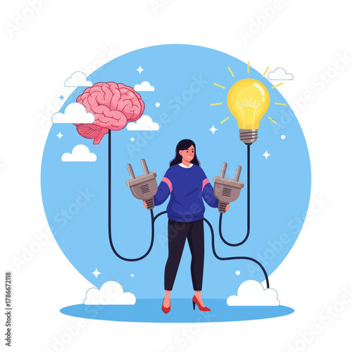 Connecting new idea or innovation concept. Woman connect plug with light bulb idea to human brain.