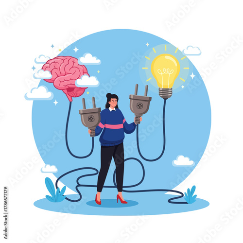 Connecting new idea or innovation concept. Woman connect plug with light bulb idea to human brain.