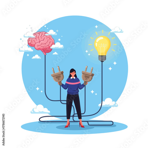 Connecting new idea or innovation concept. Woman connect plug with light bulb idea to human brain.